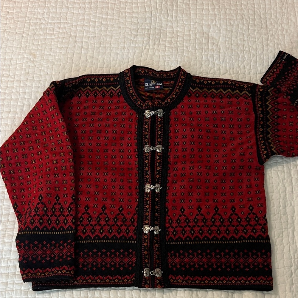 Red Norwegian Knit Cardigan with Silver Clasps Skjaeveland
